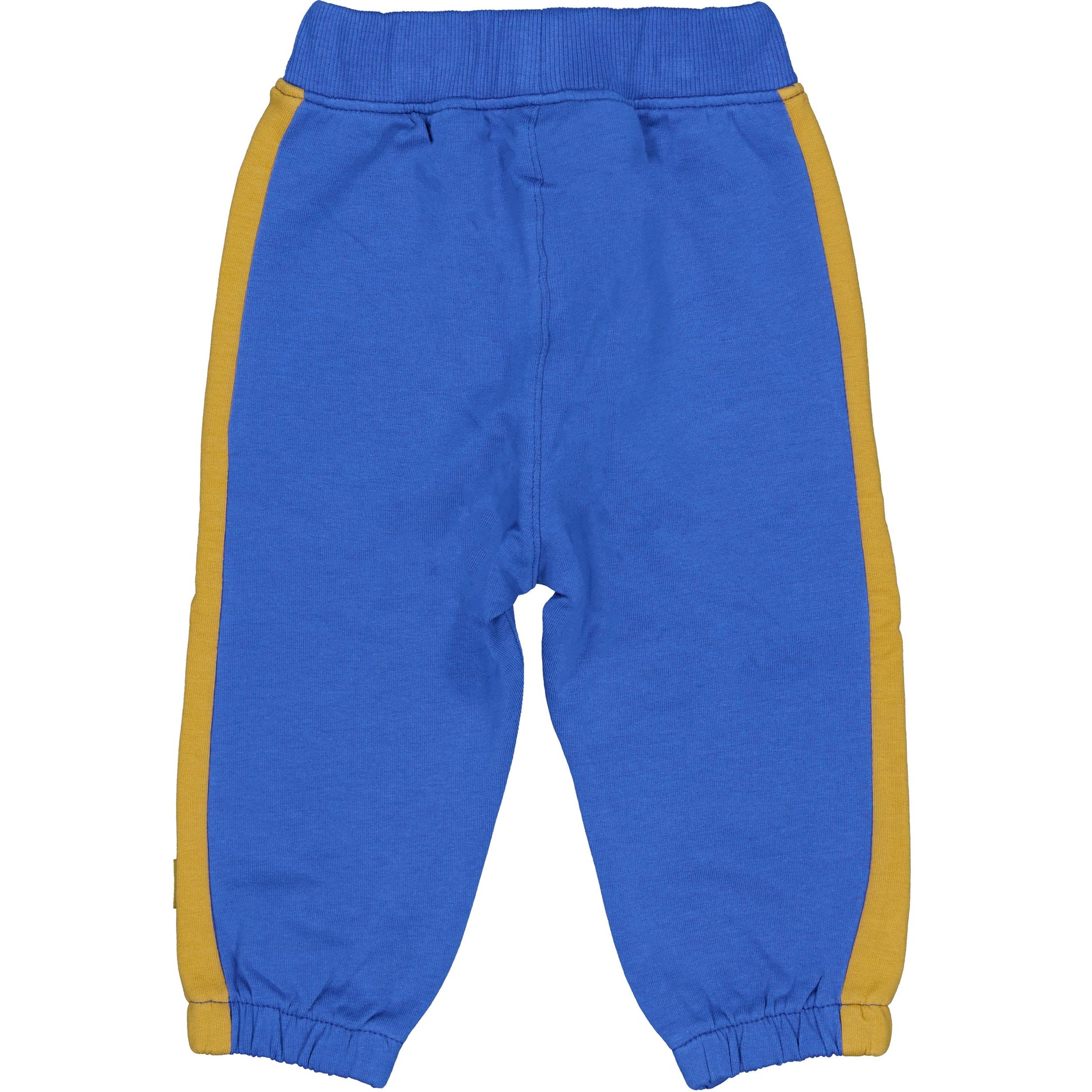Achterzijde van het Royal Blue baby jongens broekje met okergele zijstrepen.