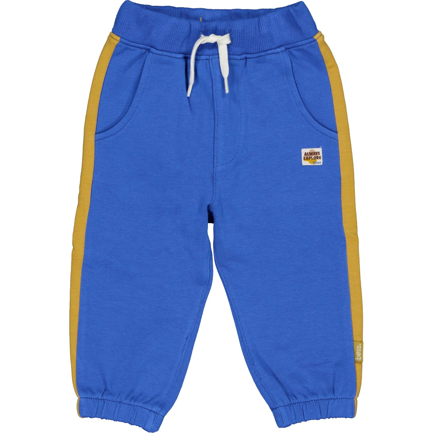 Royal Blue trainingsbroekje voor babyjongens met okergele zijstrepen.