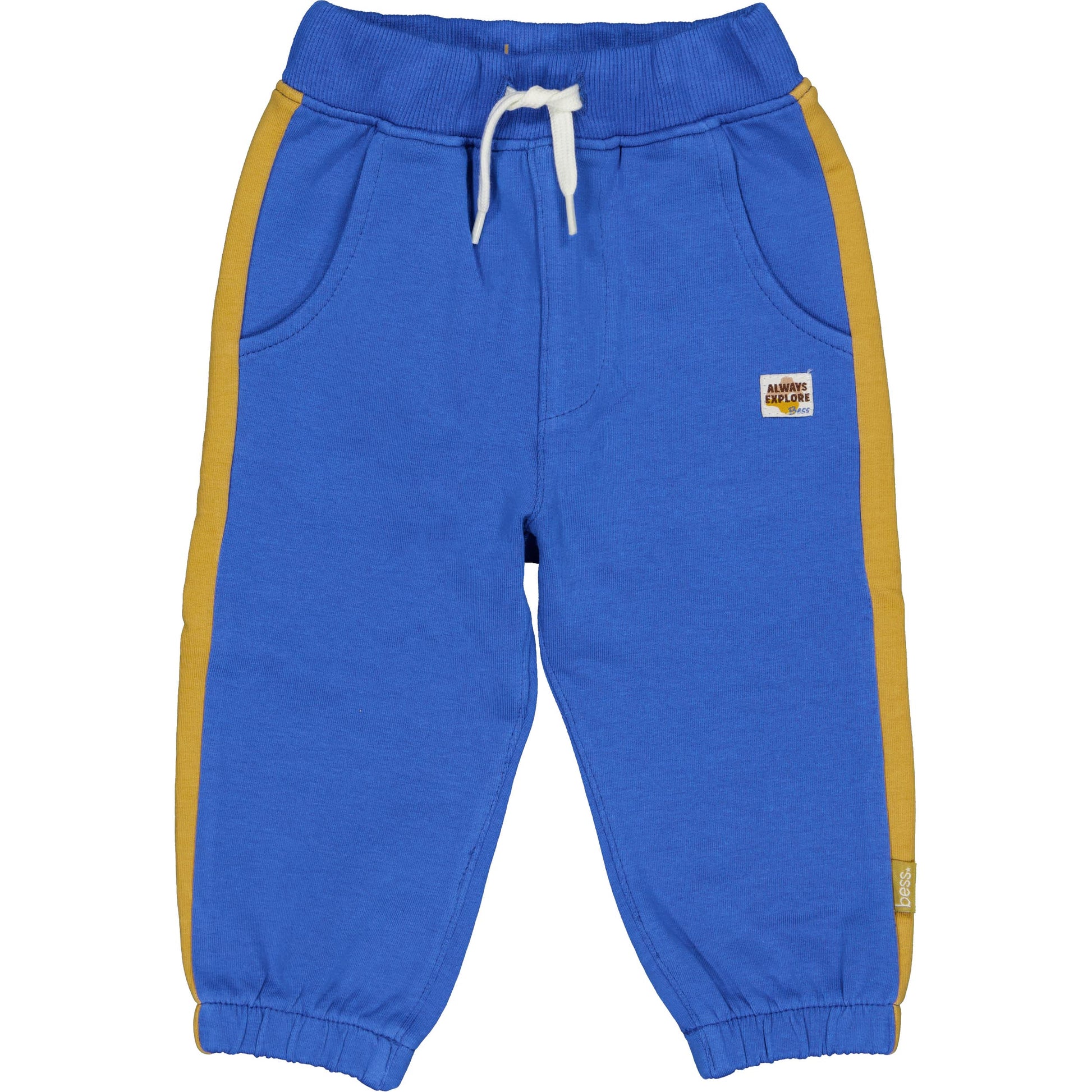 Royal Blue trainingsbroekje voor babyjongens met okergele zijstrepen.