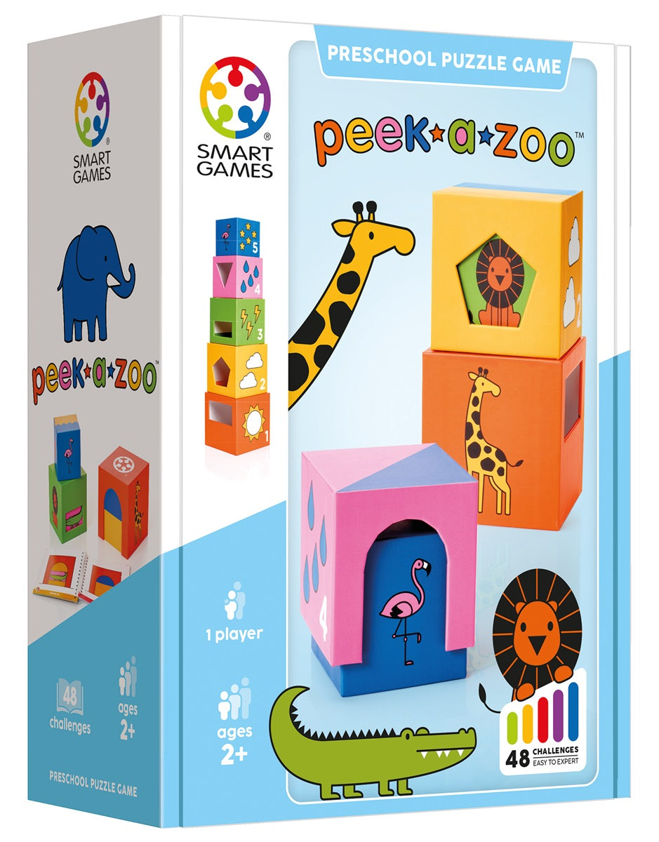 Peek-A-Zoo educatief stapelspel met dierlijke blokken en opdrachtkaarten voor kinderen.