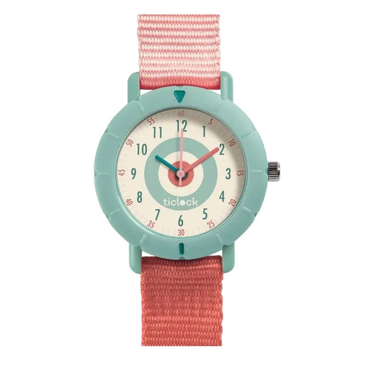 analoog kinderhorloge in roze met draaibare wijzerplaat van djeco