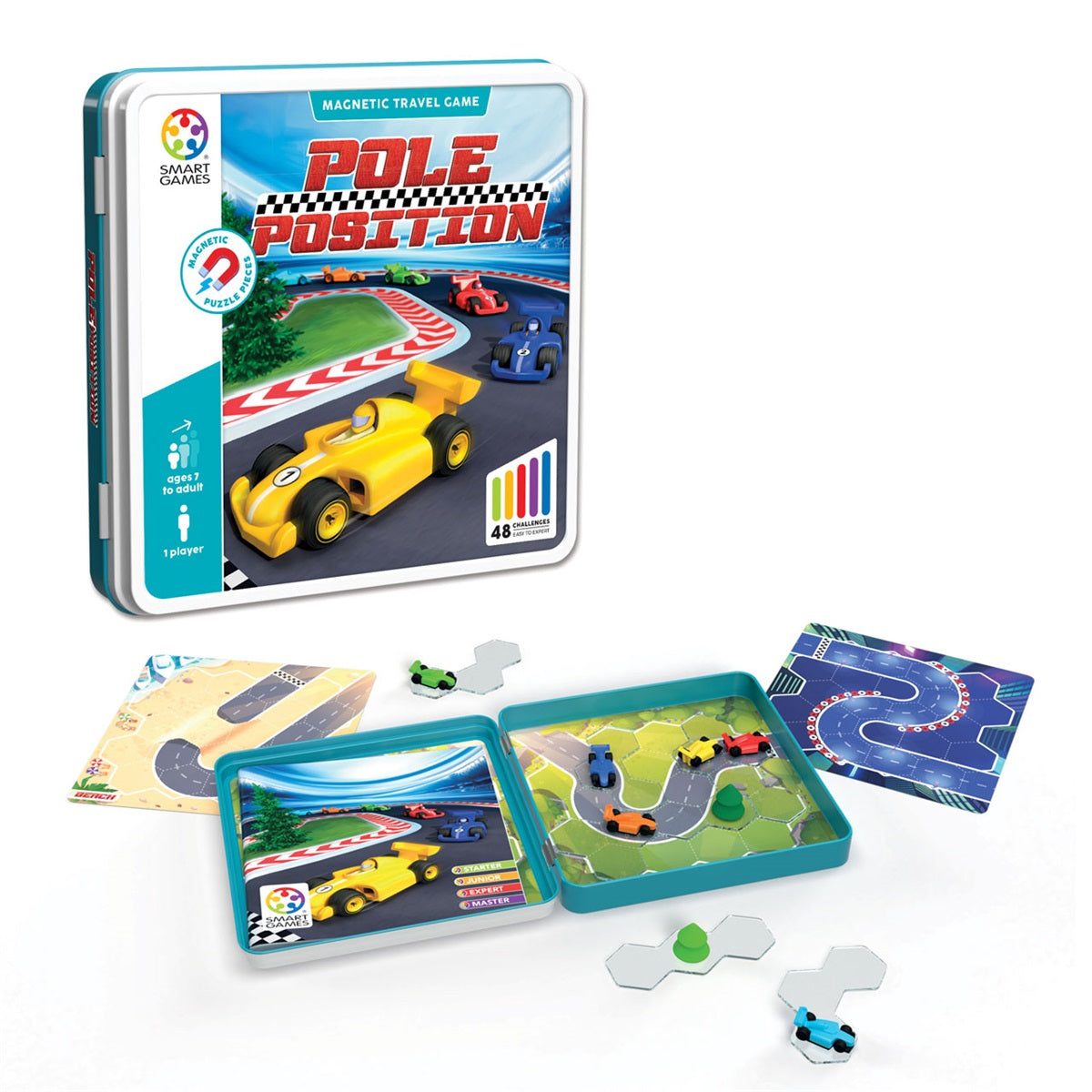 Pole Position 3D reisspel met magnetische racewagens en racecircuits voor puzzelopdrachten.