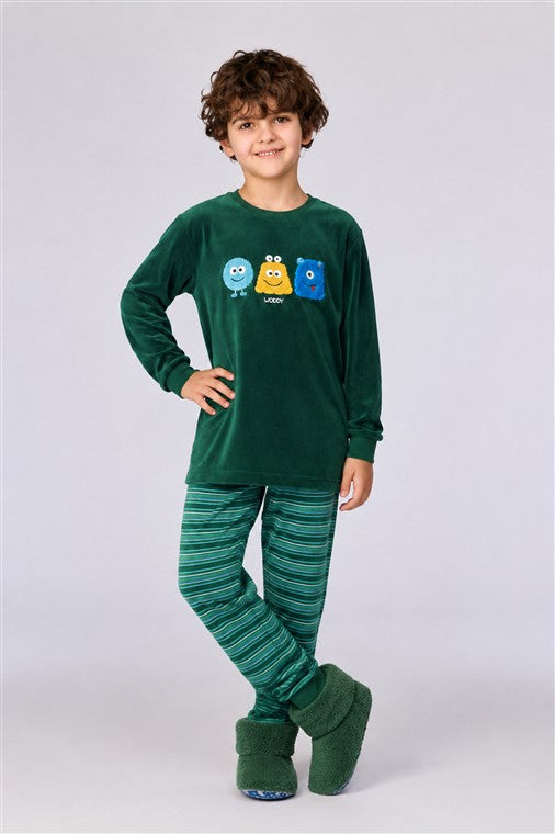 Donkergroene velours pyjama met drie aliens.