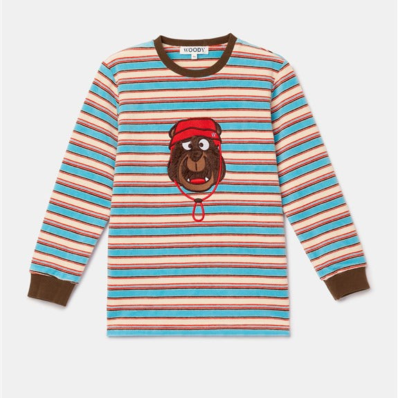 Pyjama blauw wit gestreept met beer