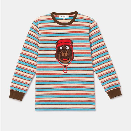 Pyjama blauw wit gestreept met beer