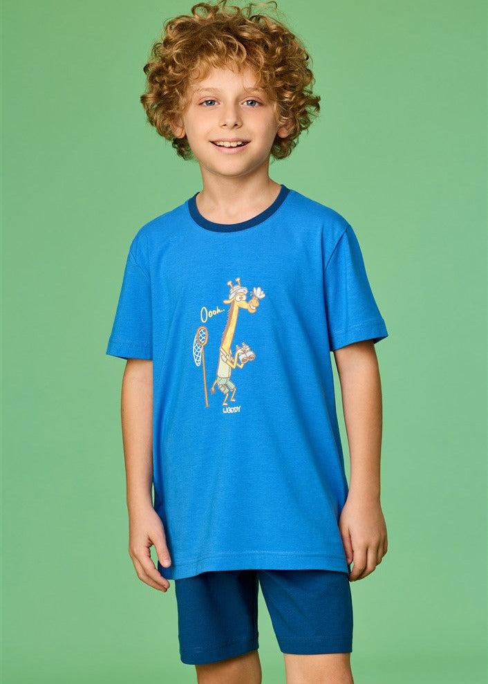 Blauwe kinderpyjama met girafprint van Woody
