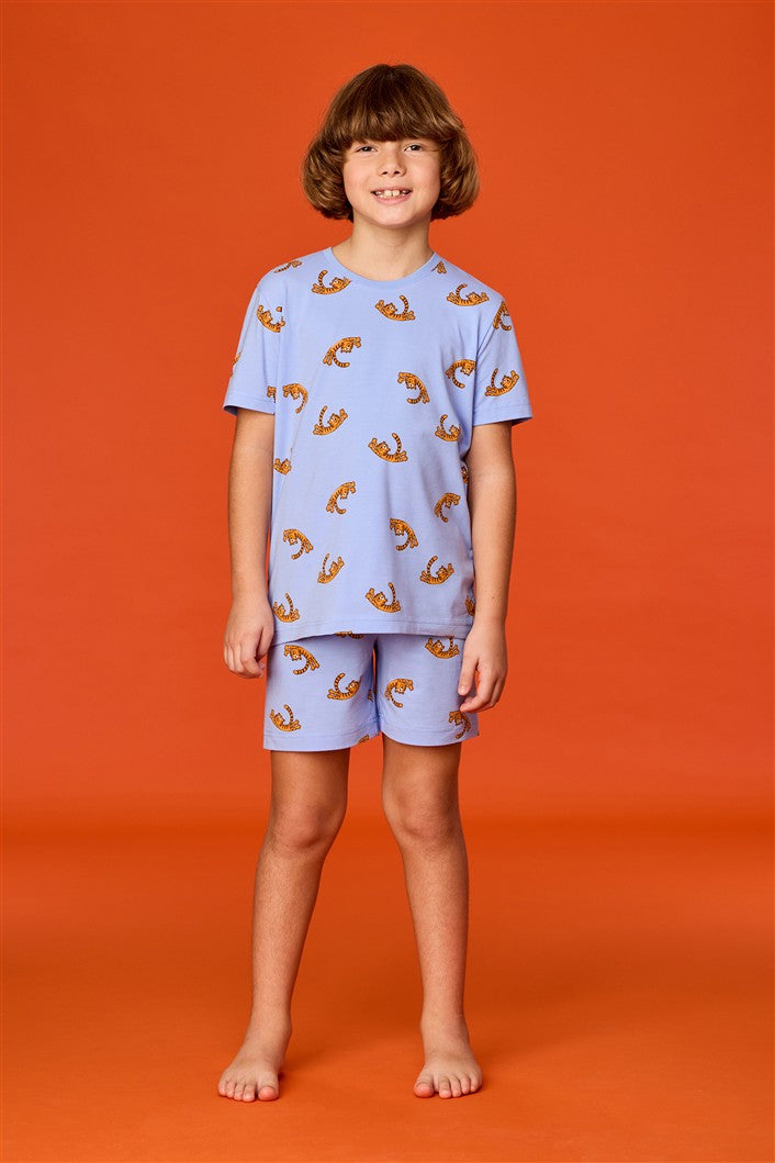 Kind draagt tijger pyjama volledig zicht
