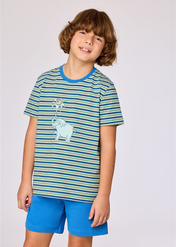 Blauw-groen gestreepte kinderpyjama met olifant van Woody