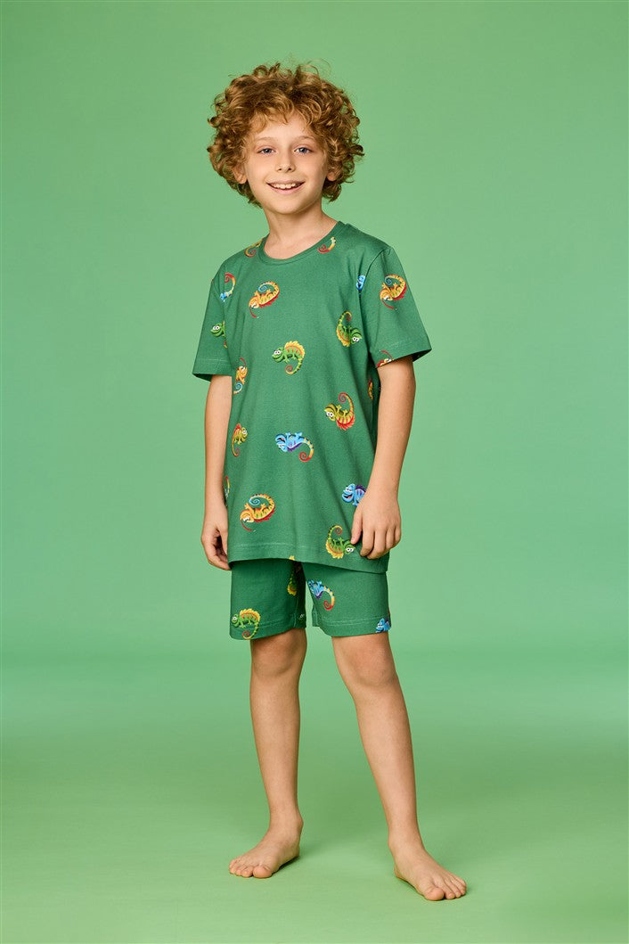 Kind draagt kameleon pyjama volledig zicht
