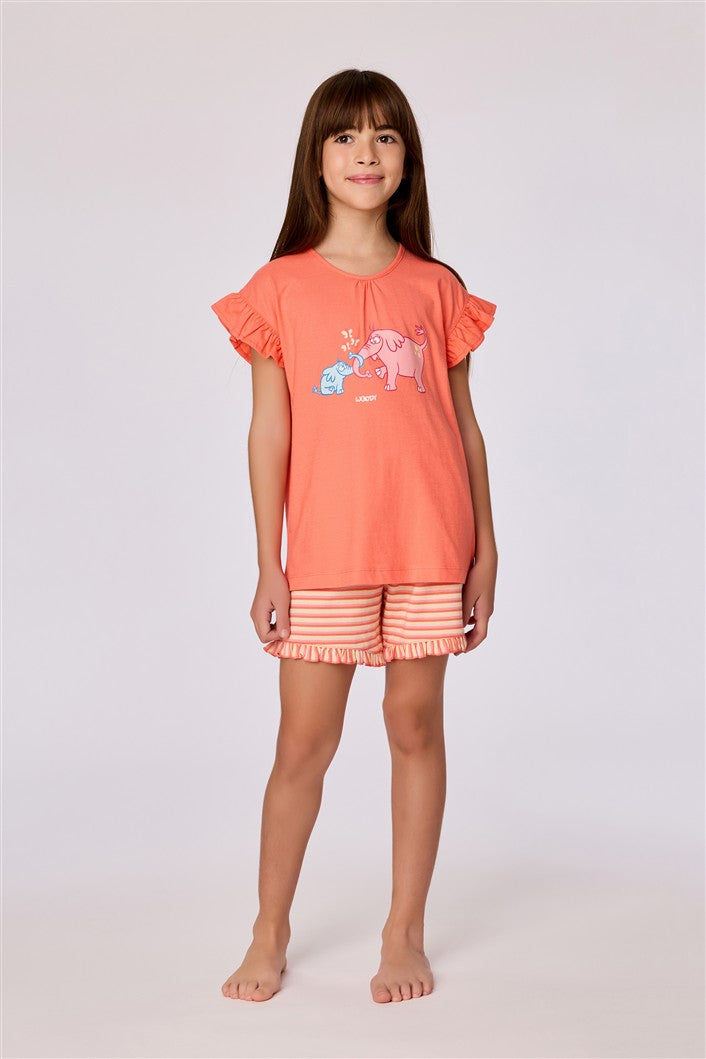 volledig zicht koraalrode kinderpyjama met olifant print van woody