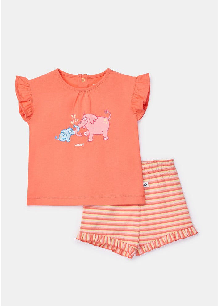 koraalrode pyjama voor baby met olifant van woody