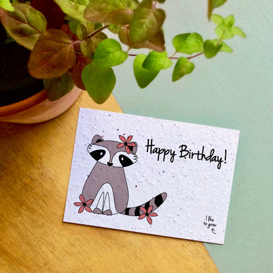 Wenskaart Flowers Raccoon Happy Birthday