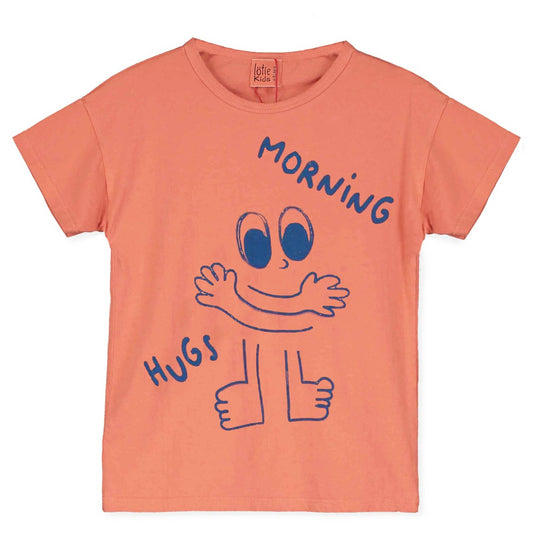 Oranje kinder t-shirt met Morning Hugs opdruk van Lötiekids