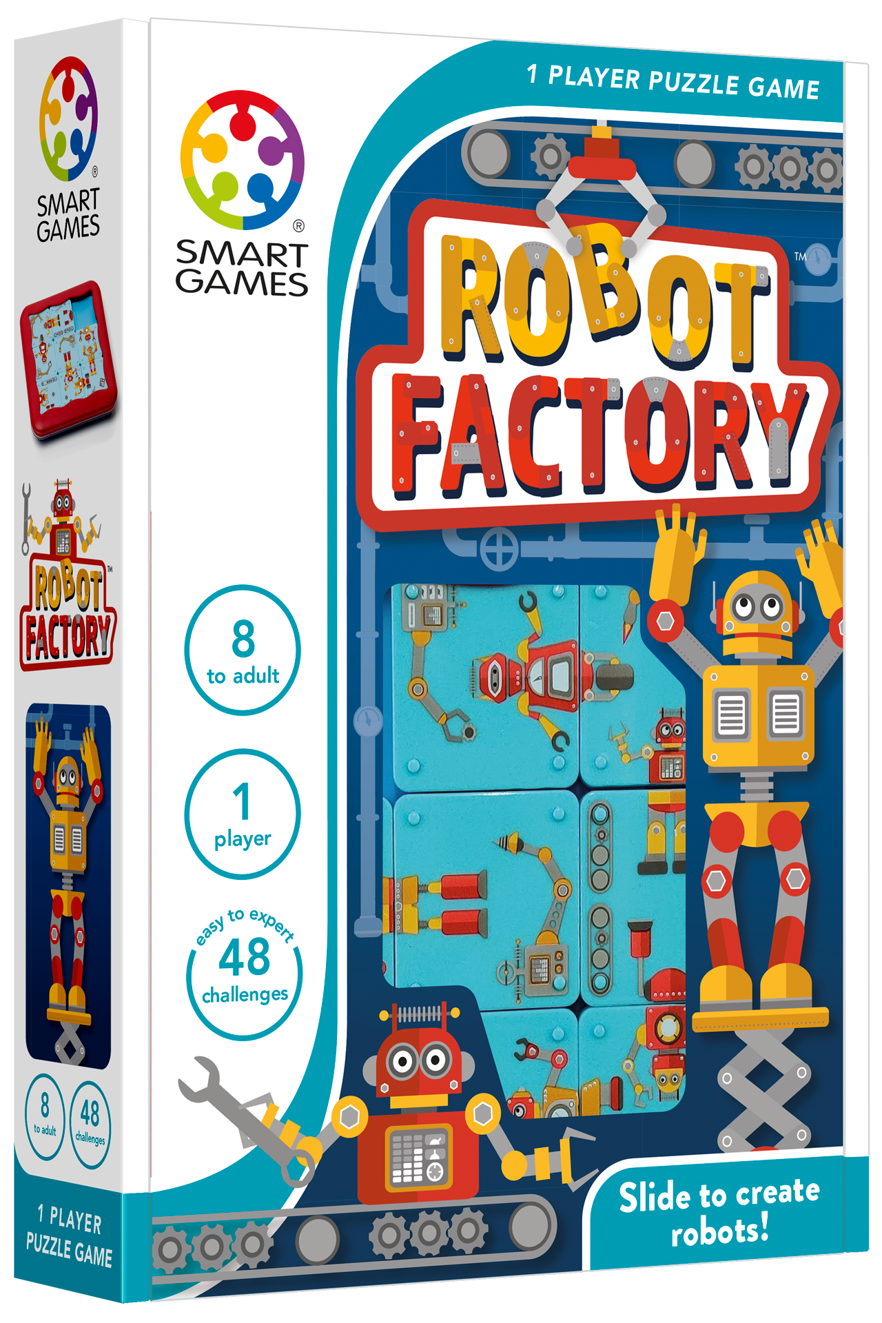 Robot Factory schuifpuzzel met robotonderdelen en 48 opdrachten van beginner tot expert.