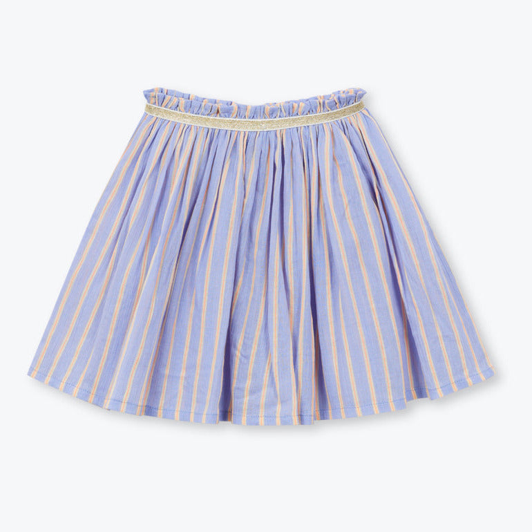 Blauwe kinderrok met fluo oranje streepjes en gouden band van Arséne & les Pipelettes