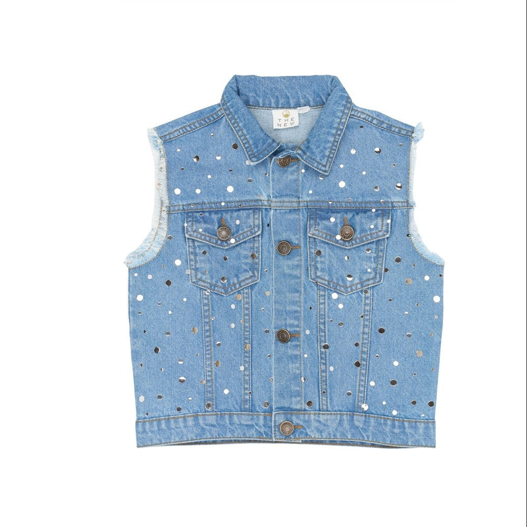 stoere kinder vest in jeans zonder mouwen en glitter van the new