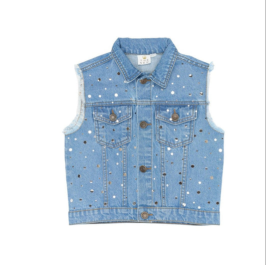 stoere kinder vest in jeans zonder mouwen en glitter van the new