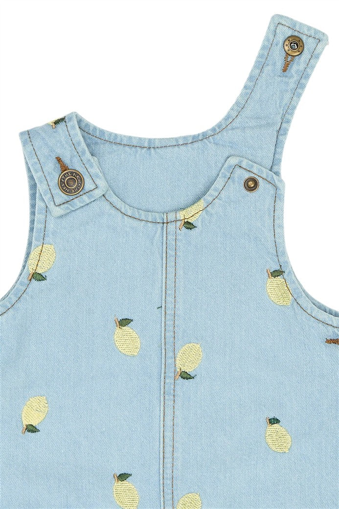 detail knopen aan de schouder van denim dress saja