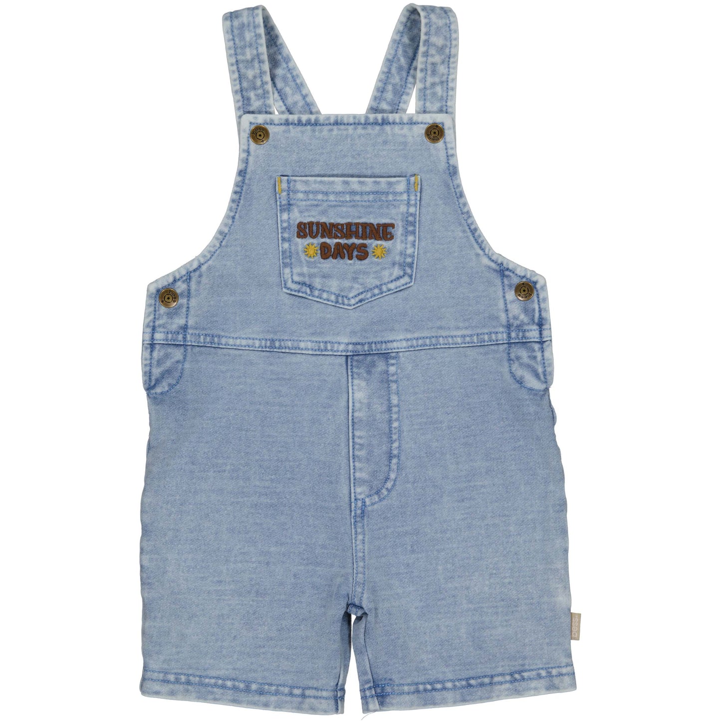 Voorzijde denim salopette met korte pijpen voor baby van BESS