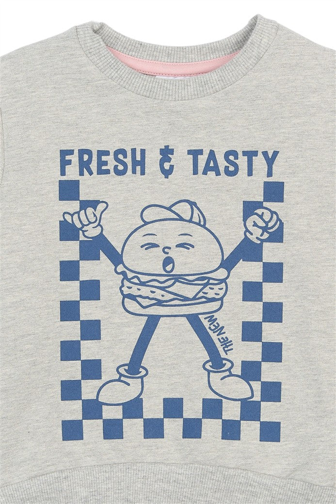 Detail hamburger en Fresh & Tasty opdruk