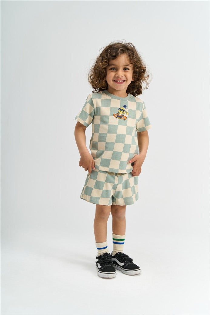 jongen draagt sebastian tshirt en short met dambordpatroon van the new