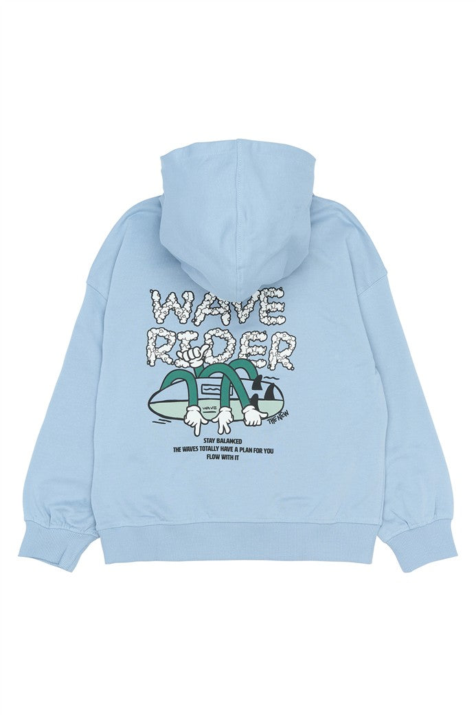Achterkant lichtblauwe hoodie met print
Close-up Wave Rider detail
