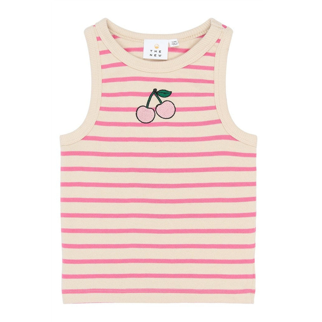 mouwloze kinder shirt in ecru met roze strepen en geborduurde kers van the new