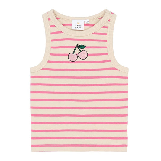 mouwloze kinder shirt in ecru met roze strepen en geborduurde kers van the new
