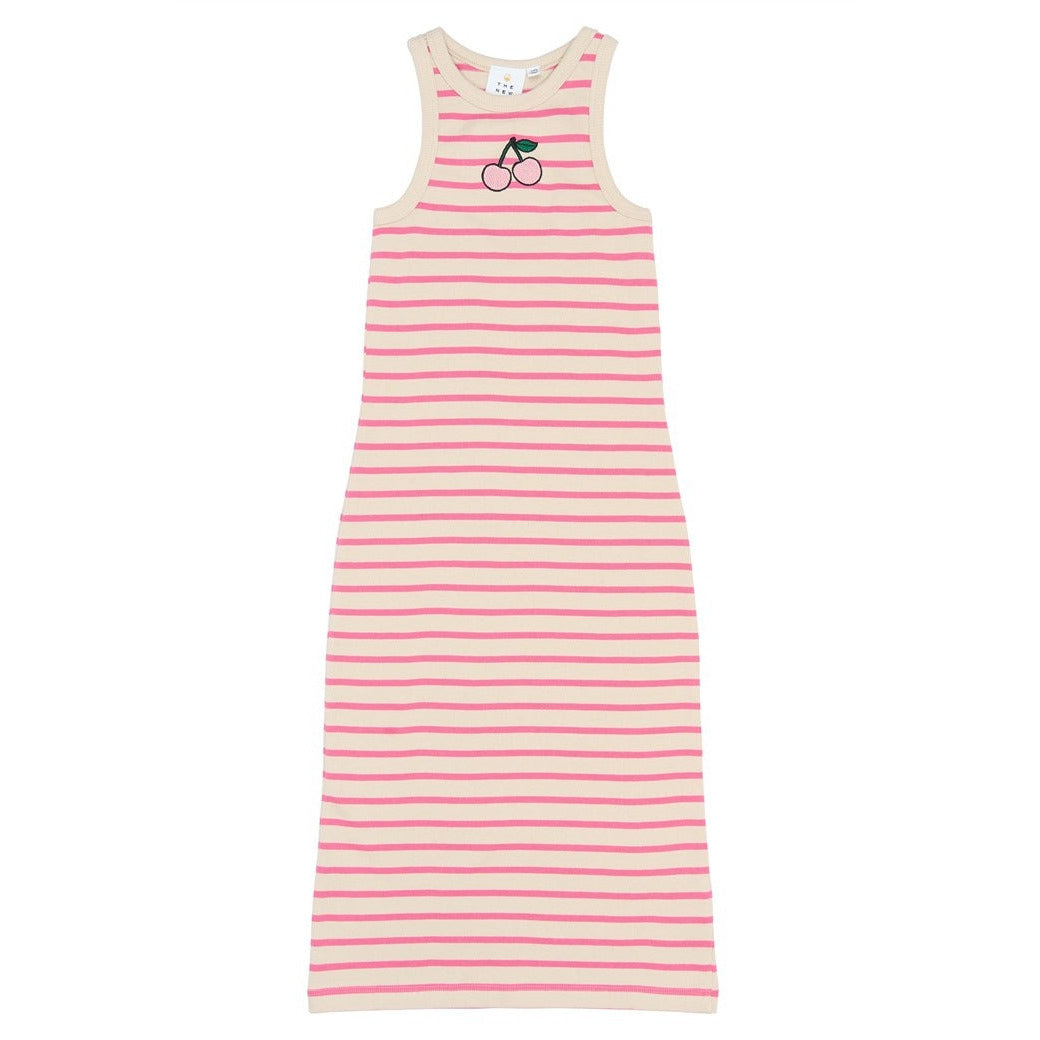 nauw aansluitende maxi jurk in ecru met roze streep voor kinderen van the new