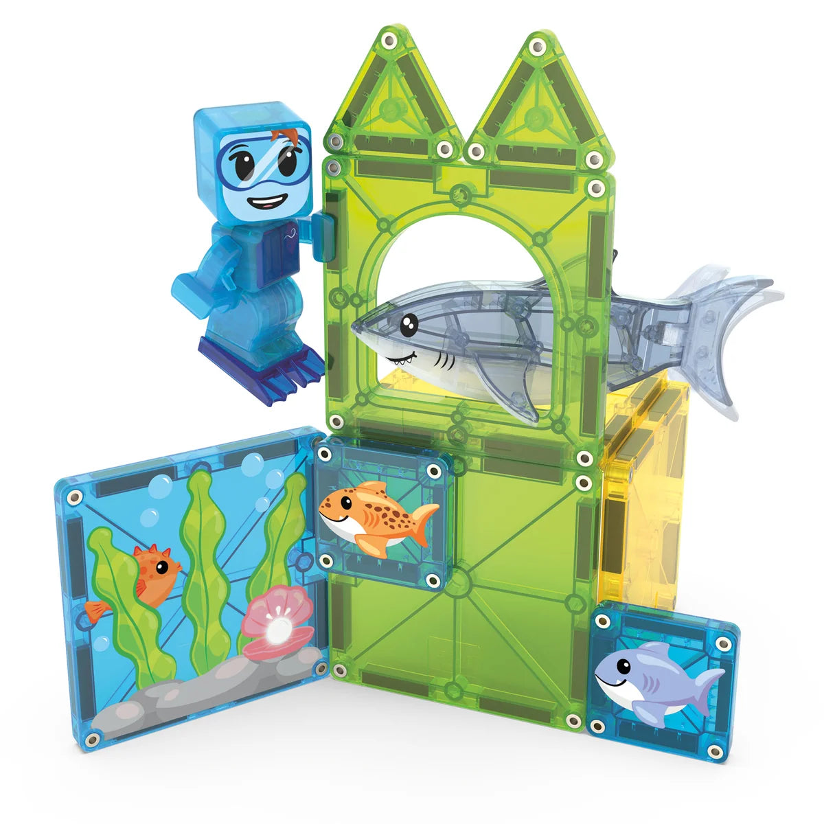 MAGNA-TILES Shark Dive met haaien en duikers.
