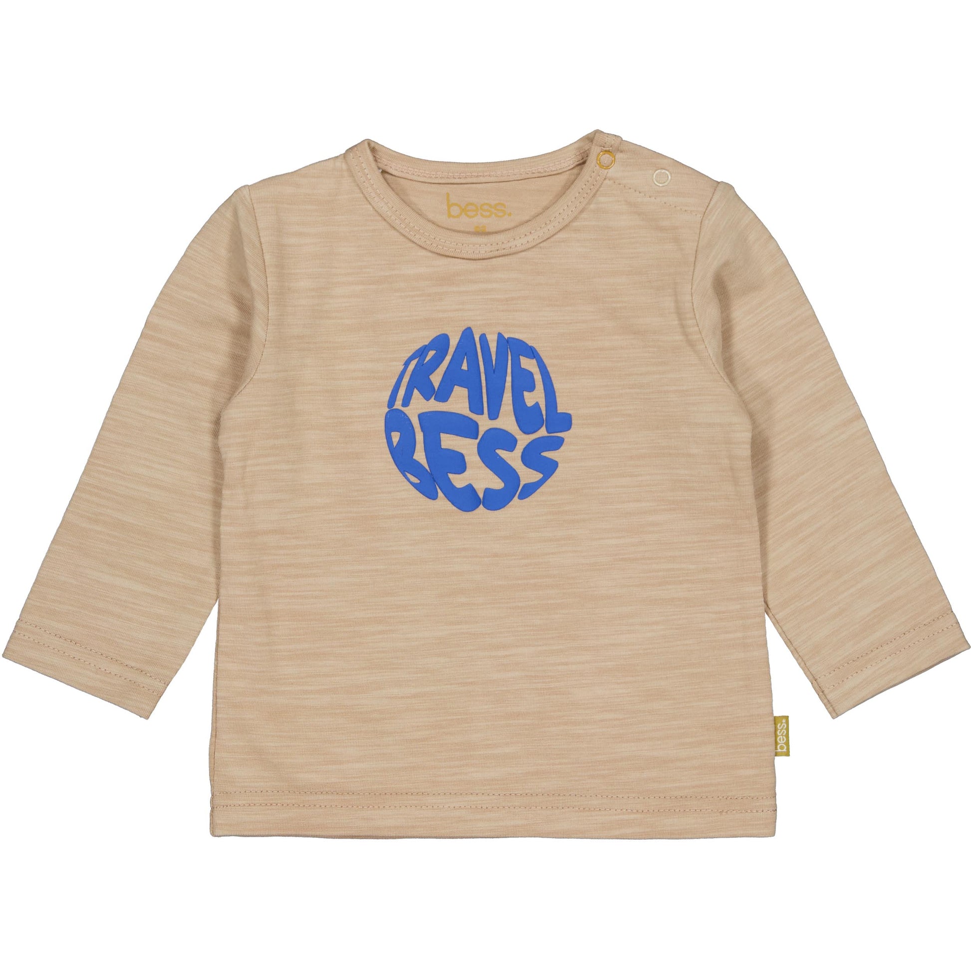 Zandkleurige longsleeve voor babyjongens met Travel Best opdruk.