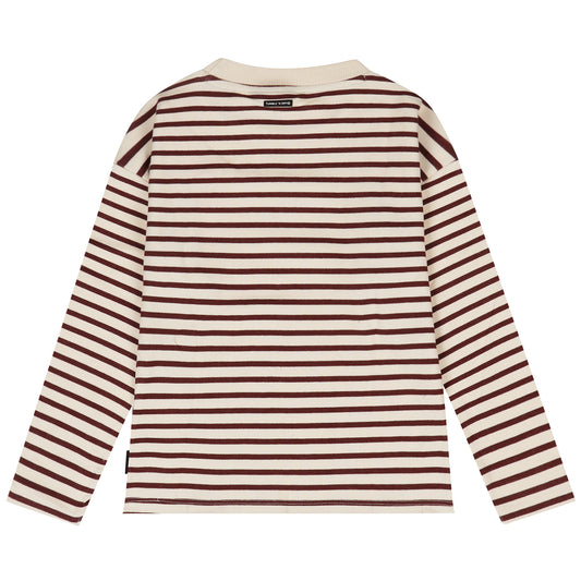 Achterzijde van het bruine gestreepte longsleeve shirt voor jongens.