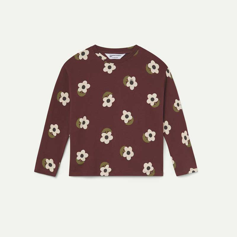 Bruine longsleeve voor kinderen met all-over bloemenprint.