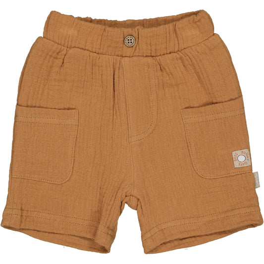 Voorkant bruine babyshort in tertrastof met zakjes van BESS