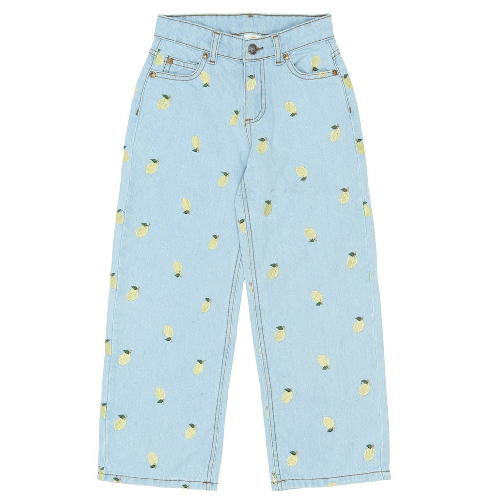 lichtblauwe kinder jeans met geborduurde citroenen van the new