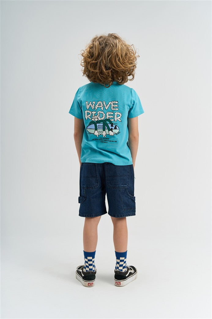 Achterkant turquoise t-shirt met grote print