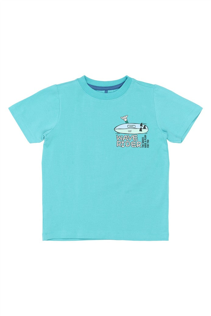 Turquoise t-shirt met Wave Rider volledig zicht