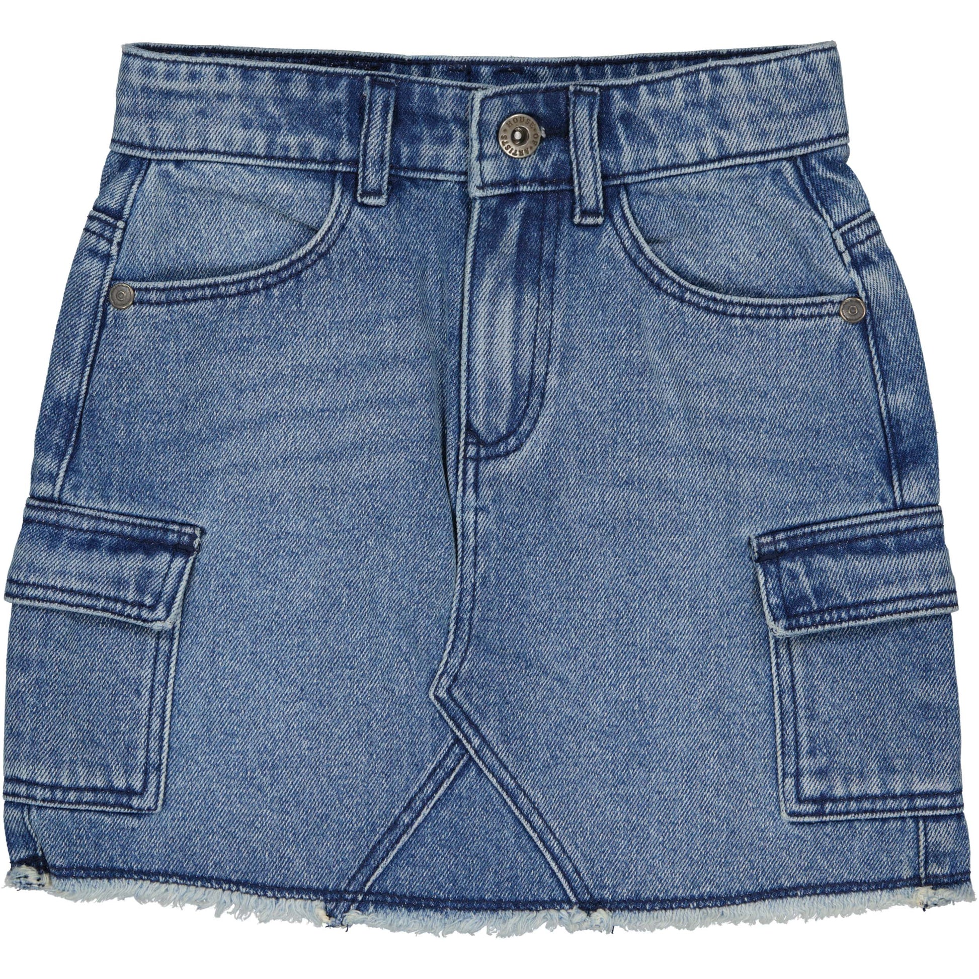 voorzijde korte denim rok voor kinderen met zakjes van house of artists