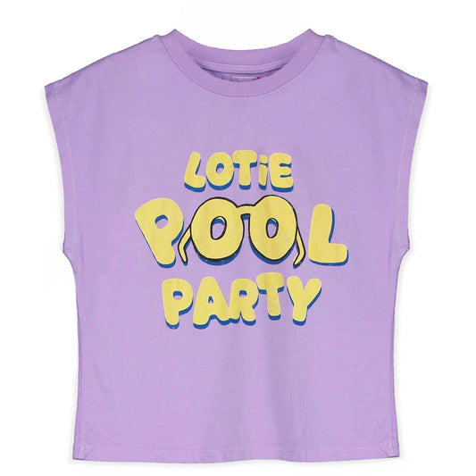 Lila mouwloos kinder t-shirt met Pool Party opdruk van Lötiekids