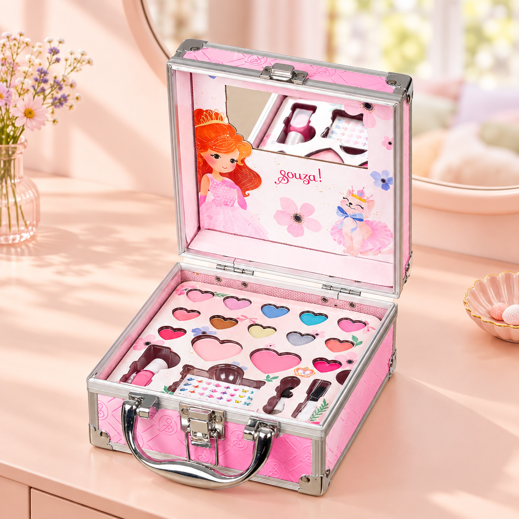 Souza Beautycase op een perzikroze kaptafel