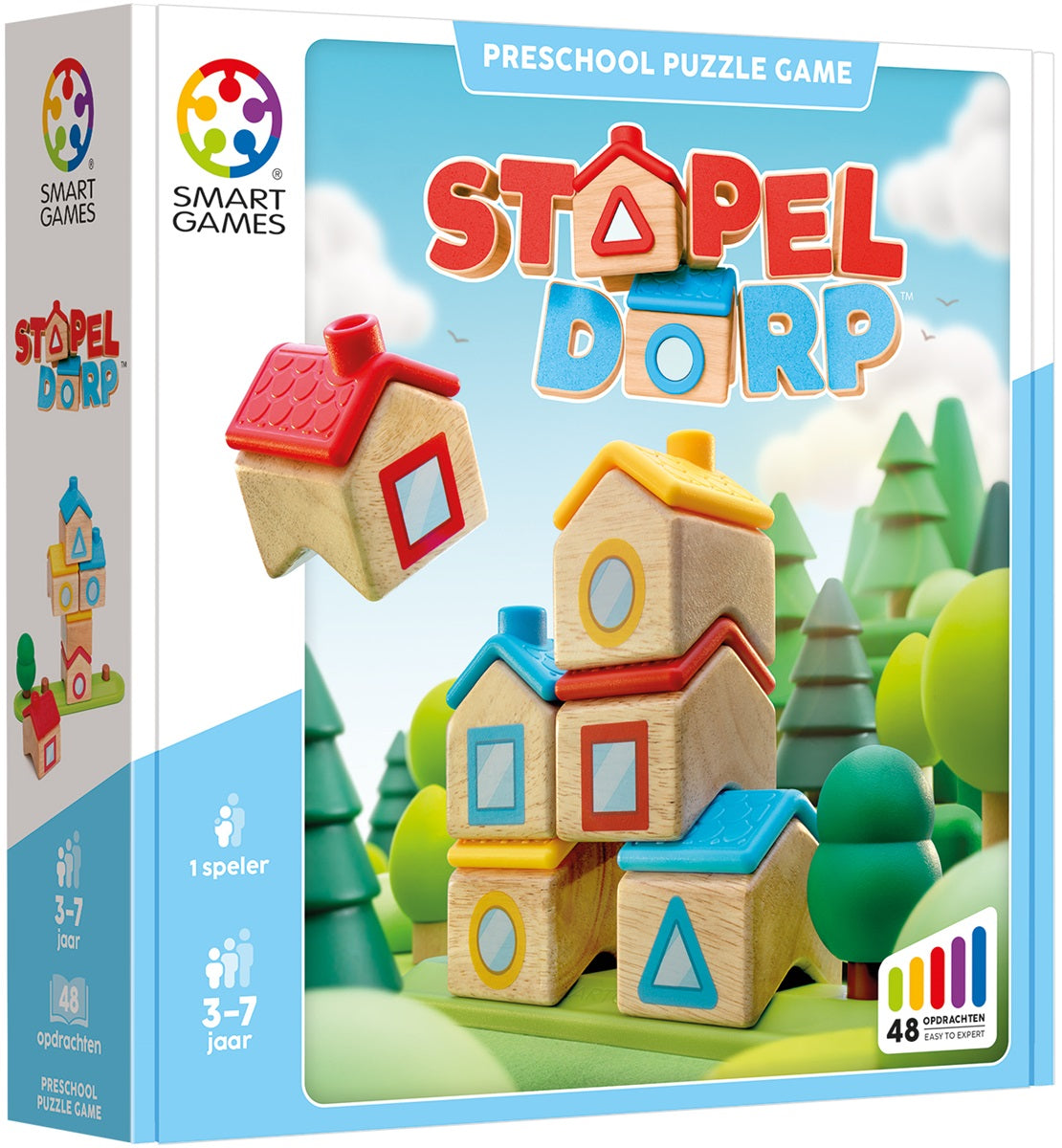 Stapel Dorp puzzelspel met houten huisjes die gestapeld worden op een spelbord met boom en opdrachtenkaarten.