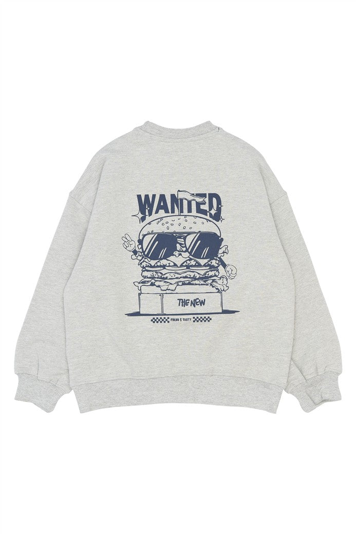 Achterkant lichtgrijze sweater met hamburger
