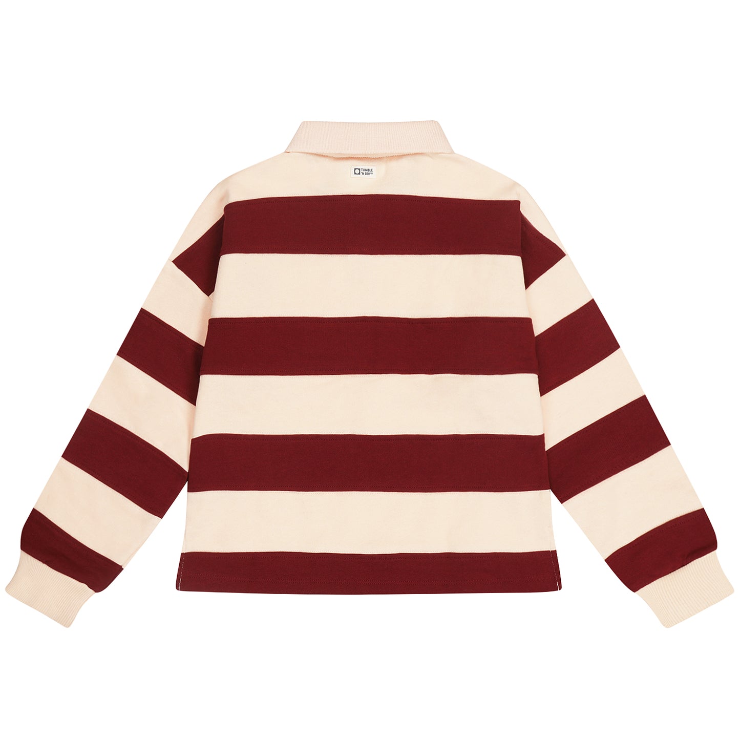 Achterzijde van de gestreepte meisjes sweater met polo kraagje.