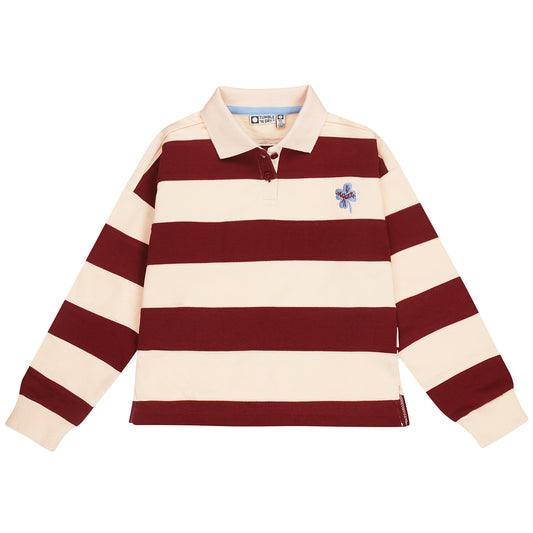 Meisjessweater met polo kraag en verticale bordeauxrode en ecru strepen van tumble'n dry