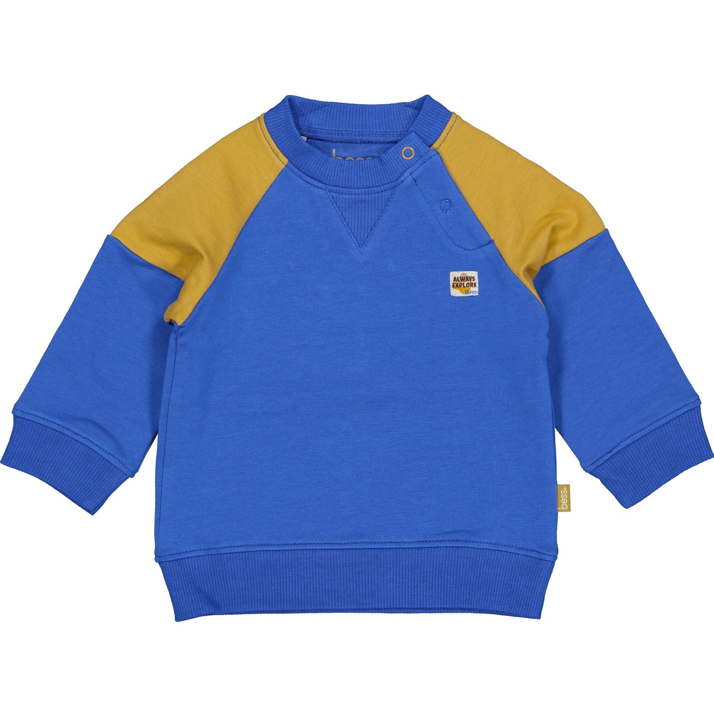Royal Blue sweater voor babyjongens met okergele schouderaccenten.