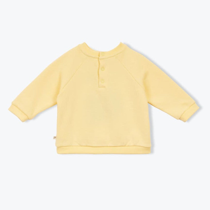 Achterkant zachtgele kinder sweater met geborduurde kokosnoot van Arséne & les Pipelettes
