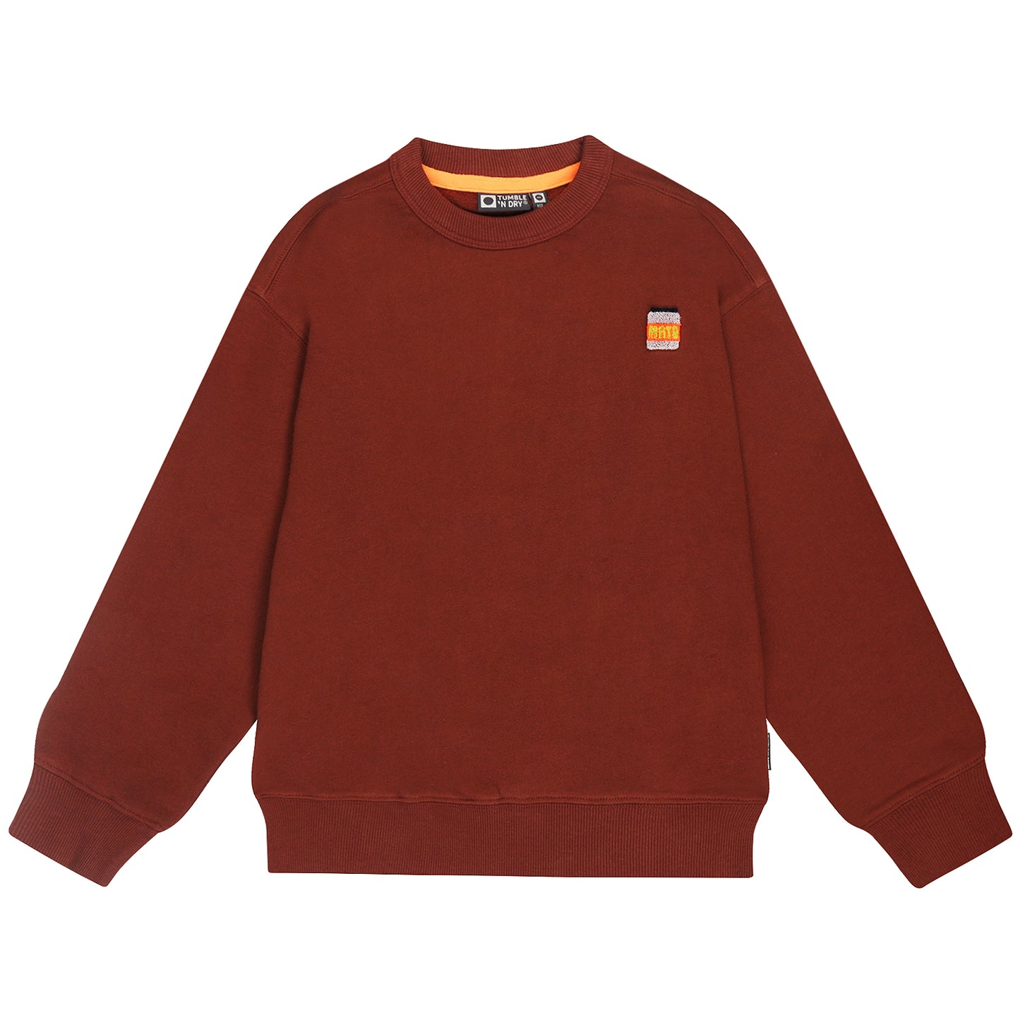 Taupebruine sweater voor jongens met smileyprint op de rug.