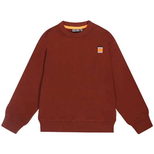 Taupebruine sweater voor jongens met smileyprint op de rug.