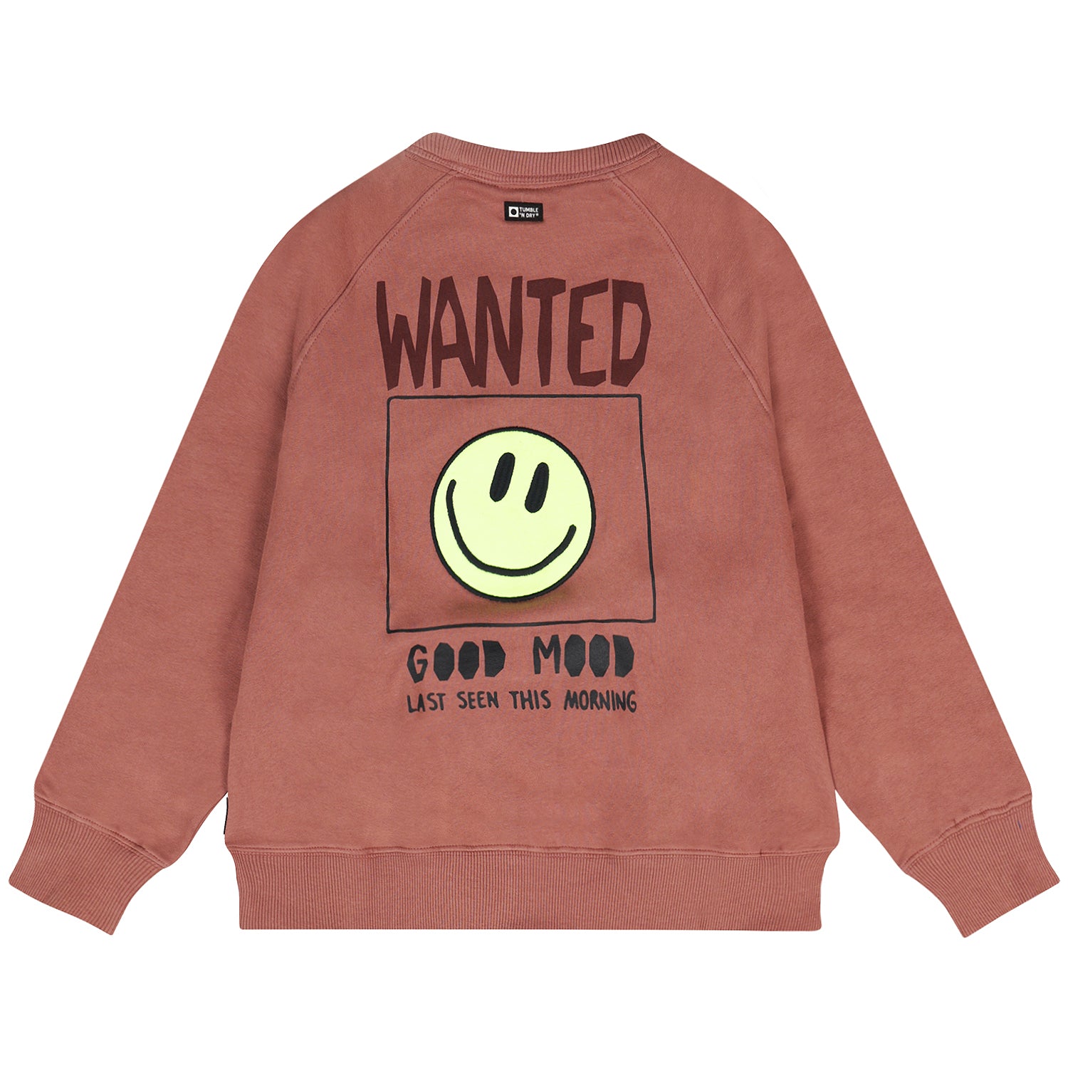 Achterzijde van de Apple Butter sweater voor jongens met grote smileyprint.