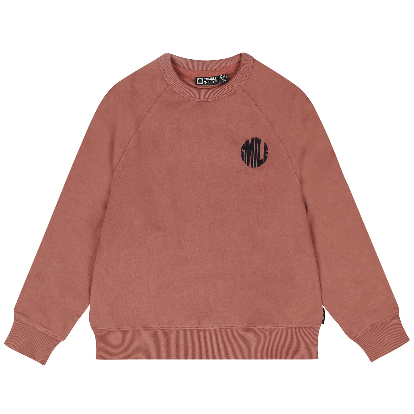 Roestbruine sweater voor jongens met geborduurde SMILE tekst.